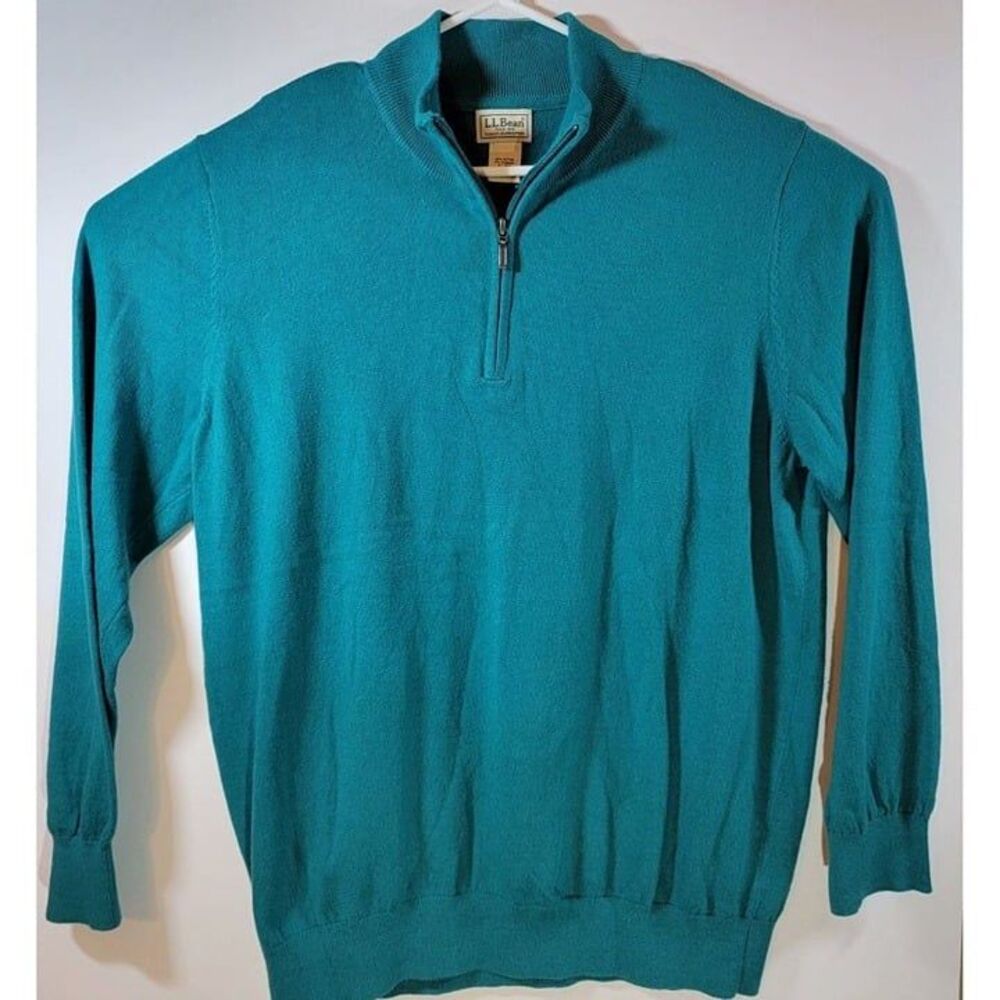 L.L. Bean Mens XL-Reg Green Teal Cotton Cashmere 1/4 Zip Pullover LS Sweater